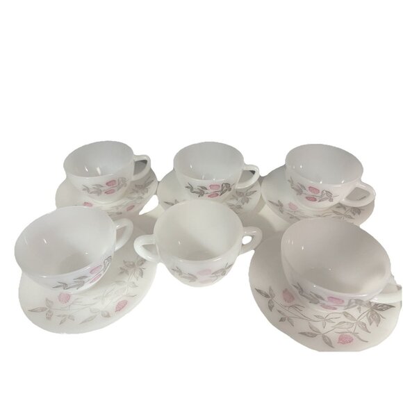Federal Milk Glass Teacup Saucer Sugar Set Of 5 Bowl Clover Blossom Mid Century - Picture 1 of 12